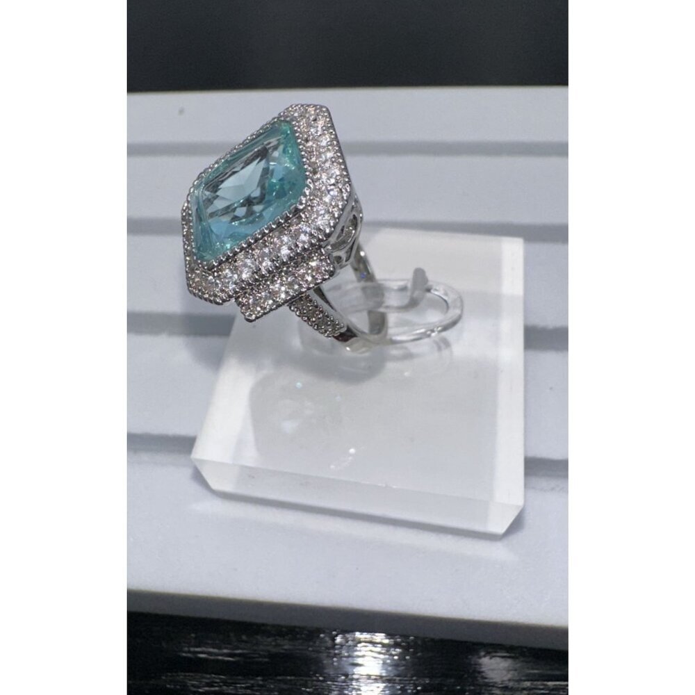 Aquamarine Cubic Zirconia & White Crystal Statement Ring - Picture 14 of 16